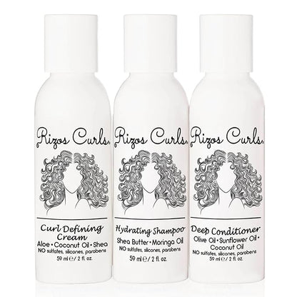 Rizos Curls Trio Travel Curl Kit, Includes Travel Hydrating Shampoo, Travel Deep Conditioner, Travel Curl Cream, Gently Cleanse, Hydrate and Style, For All Curl Patterns 2a - 4c, 3 pack of 2 oz