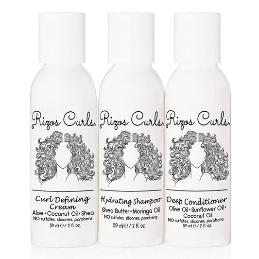 Rizos Curls Trio Travel Curl Kit, Includes Travel Hydrating Shampoo, Travel Deep Conditioner, Travel Curl Cream, Gently Cleanse, Hydrate and Style, For All Curl Patterns 2a - 4c, 3 pack of 2 oz