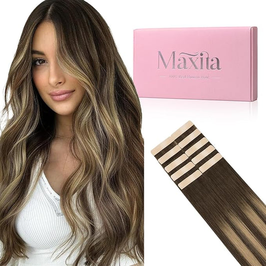 MAXITA Tape in Hair Extensions Human Hair 4/27/4 Chocolate Brown Mixed Caramel Blonde Balayage 16 Inch 25g 10pcs Thick Ends Straight Seamless Tape ins Remy Invisible Tape in Extensions Human Hair