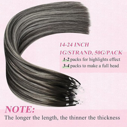 YoungSee Micro Link Hair Extensions Human Hair Ombre Bead Hair Extensions Real Human Hair Ombre Black to Silver Micro Human Hair Extension Soft 18In 50g 50s