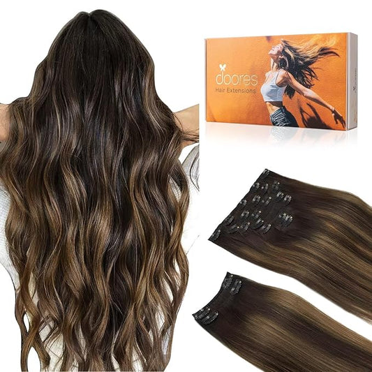 DOORES Clip in Hair Extensions Real Human Hair, Balayage Dark Brown to Chestnut Brown 18 Inch 9pcs 150g, Remy Clip in Extensions Straight Thick Weft