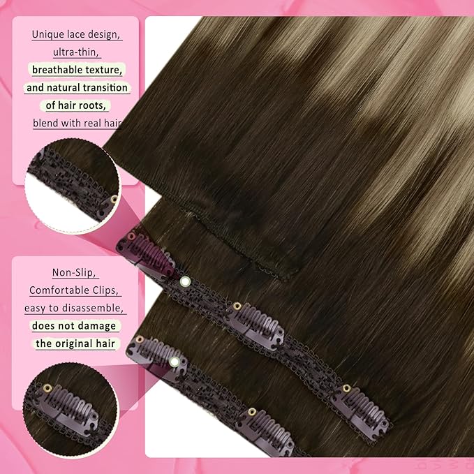 YoungSee 150G Clip in Real Hair Extensions Brown Clip on Hair Extensions Dark Brown Ombre Light Brown with Blonde Soft and Silky for Casual Outings 22inch 7pcs
