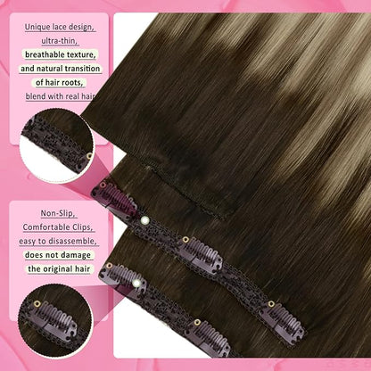 YoungSee 150G Clip in Human Hair Extensions Brown Ombre Clip on Human Hair Extensions Dark Brown Ombre Light Brown with Blonde for Spring Renewal Look 24inch 7pcs