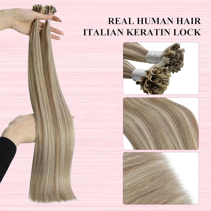 YoungSee U Tip Hair Extensions Light Brown Highlight Utip Human Hair Extensions for Working Light Brown with Blonde Highlight U Tip Remy Hair Extensions 20In U Tip Natural Hair Extensions Soft 50s/50g