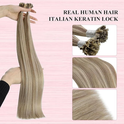 YoungSee U Tip Hair Extensions Light Brown Highlight Utip Human Hair Extensions for Working Light Brown with Blonde Highlight U Tip Remy Hair Extensions 20In U Tip Natural Hair Extensions Soft 50s/50g