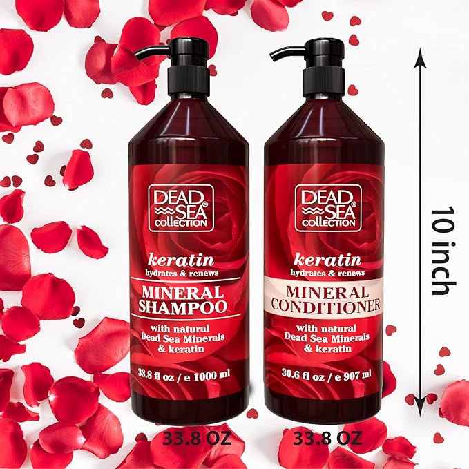 Dead Sea Collection Shampoo and Conditioner Set with Keratin – Hydrating Softening Hair Products with Dead Sea Minerals for All Hair Types – Set of 2 Bottles (33.8 & 30.6 Fl. Oz.)