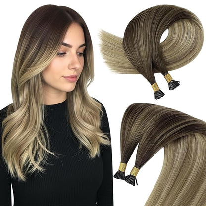 Sunny Hair I Tip Hair Extensions Human Hair Straight I Tip Hair Extensions Brown Ombre Golden Brown Mix Blonde Itip Human Hair Extensions for Women 20inch 50g