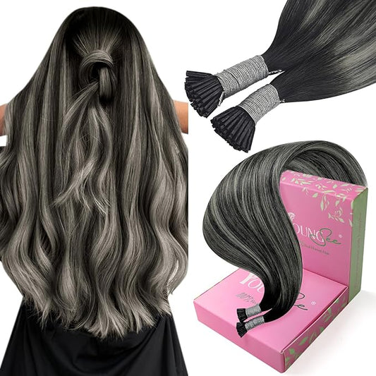 YoungSee I Tips Hair Extensions Ombre I Tip Hair Extensions Ombre Black to Silver Human Hair I Tip Extensionsr Balayage 20 Inch Tip Hair Extensions Human Hair Silky Straight 50s 50g