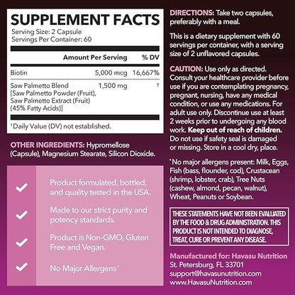 Saw Palmetto for Women with Biotin 5000mcg - Powerful DHT Blocker to Support Hair, Skin, and Nail Health - 120 Count - Vegan, Non-GMO Vitamin for Stronger, Fuller Looking Locks - 2 Month Supply