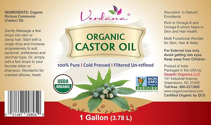 Verdana Organic Castor Oil – 1 Gallon Bulk – USDA Organic, Cold Pressed, Hexane-Free – For Hair Growth, Eyelashes, Skin & Castor Oil Packs