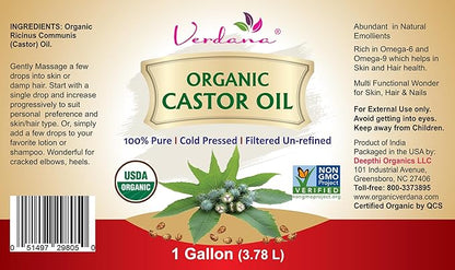 Verdana Organic Castor Oil – 1 Gallon Bulk – USDA Organic, Cold Pressed, Hexane-Free – For Hair Growth, Eyelashes, Skin & Castor Oil Packs
