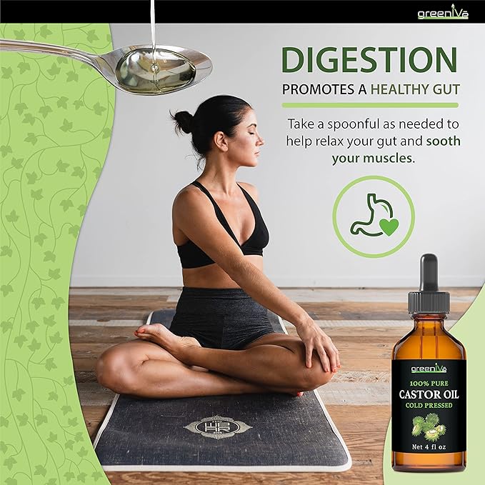 GreenIVe Castor Oil 100% Pure 4 fl oz Bottle Cold Pressed, Hexane Free, Eyelash and Eyebrow Growth Serum, Skin Moisturizer Detox and Wraps