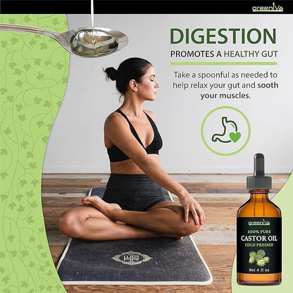 GreenIVe Castor Oil 100% Pure 4 fl oz Bottle Cold Pressed, Hexane Free, Eyelash and Eyebrow Growth Serum, Skin Moisturizer Detox and Wraps