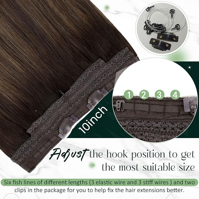 RUNATURE Invisible Wire Hair Extensions Real Human Hair, Balayage Human Hiar Extensions with Transparent Headband Fish Line Extensions, Soft Remy Hair for Women, One Piece 14 Inch 70g #2/2/6