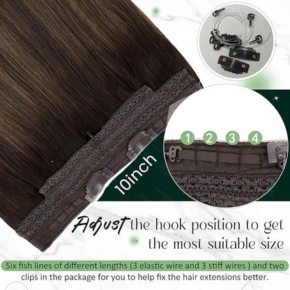 RUNATURE Invisible Wire Hair Extensions Real Human Hair, Balayage Human Hiar Extensions with Transparent Headband Fish Line Extensions, Soft Remy Hair for Women, One Piece 14 Inch 70g #2/2/6