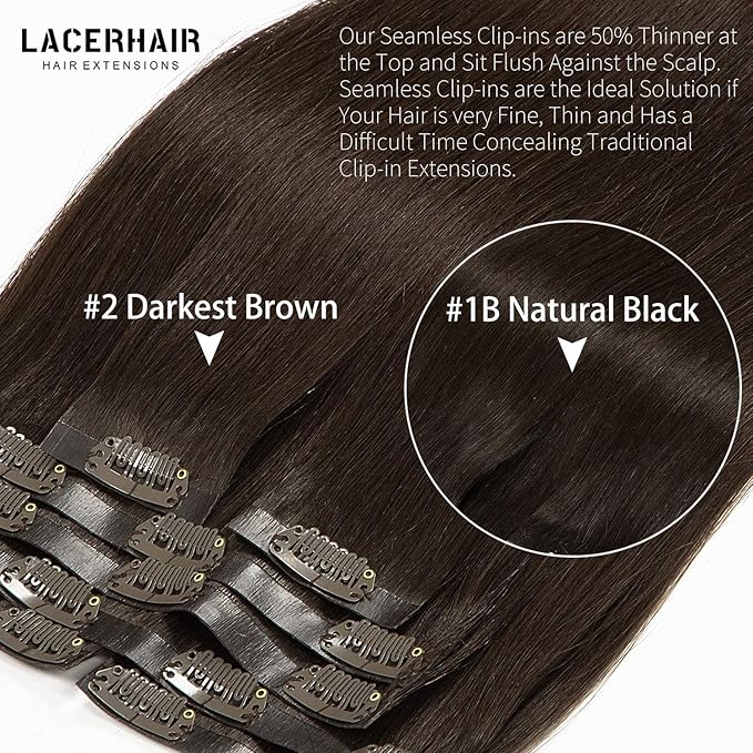 Lacer Hair Extensions Real Human Hair Seamless Clip ins Dark Brown Clip in Hair Extensions Silicone Weft Extensions 16 Inch Clip in Human Hair 7pcs 110g