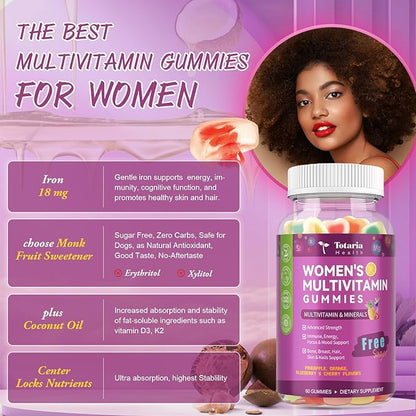(2 Pcs) Sugar Free Womens Multivitamin Gummies with Iron, Women's Multivitamin w/Vitamins C, D3 K2, B12, B6, Filled Gummies for Daily Nutritional Support| Immune Support| Skin Health, Mixed Flavors