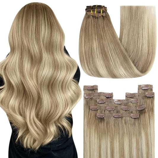YoungSee Clip in Human Hair Extensions Brown Balayage Clip in Extensions Real Human Hair Light Brown to Blonde with Brown Balayage Soft and Silky Human Hair Extensions Clip ins 120G 18Inch 7Pcs