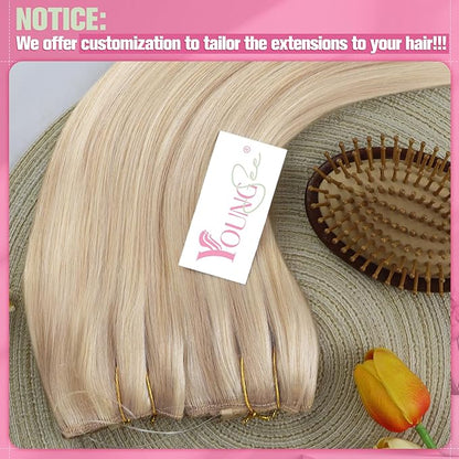 YoungSee Wire Hair Extensions Highlight Blonde Invisible Wire Real Human Hair Extensions Highlights Dark Ash Blonde to Blonde Fish Line Hair Extensions for Women 120G 18Inch