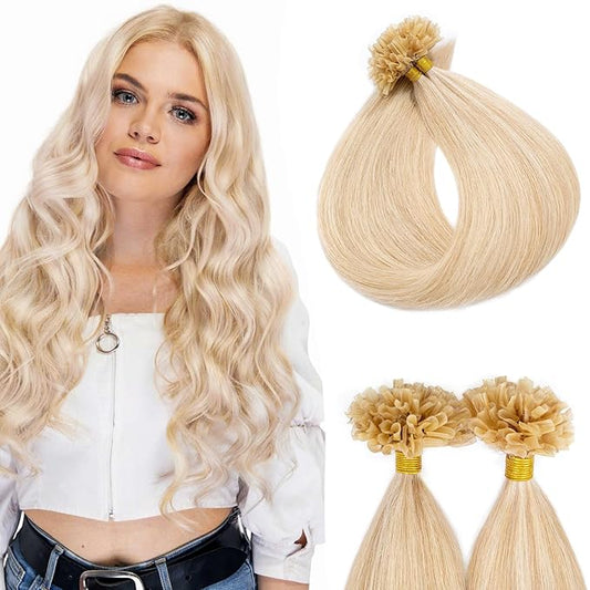 U Tip Hair Extensions Human Hair Pre Bonded Extensions Keratin Fusion Extensions K Tip Hair Extensions Real Human Hair Silky Straight Natural 50g/100 Stands 22" Ash Blonde Mix Bleach Blonde