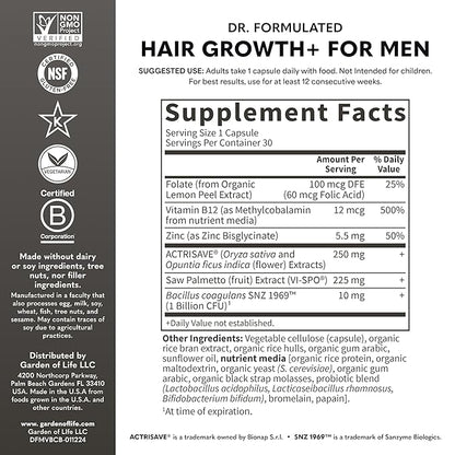 Garden of Life Dr. Formulated Hair Growth for Men with Clinically Studied Extracts and Saw Palmetto for Men to Support Men’s Hair Growth, 30 Count Vegetarian Capsules