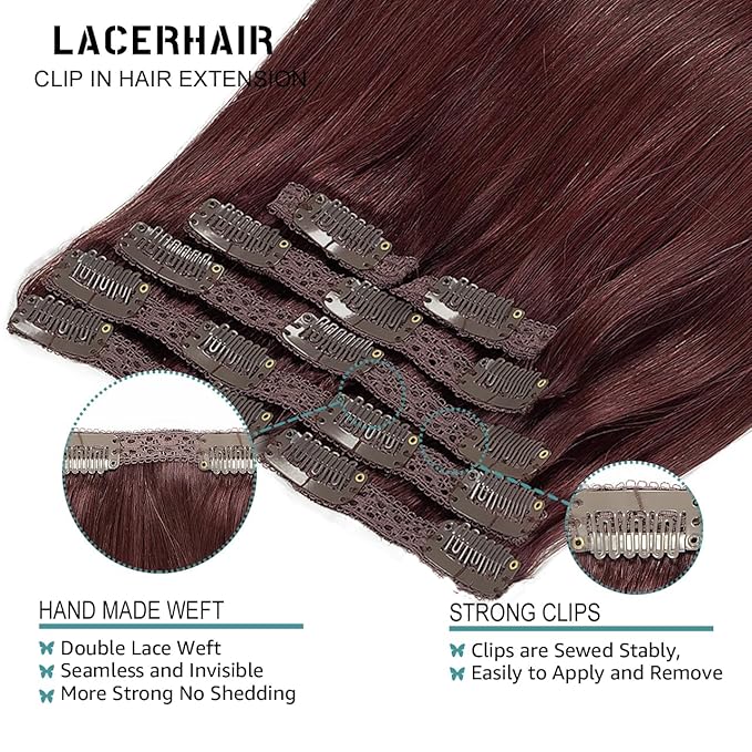 Lacer Hair Clip in Hair Extensions Human Hair 18 Inch 7Pcs Invisible Double Sided Real Weft 100% Remy Human Hair No Tangle No Shedding #99J Deep Burgundy Color 120G