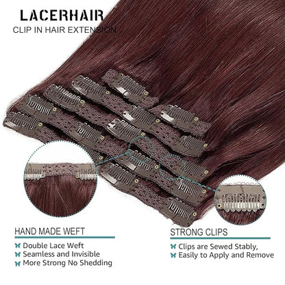 Lacer Hair Clip in Hair Extensions Human Hair 18 Inch 7Pcs Invisible Double Sided Real Weft 100% Remy Human Hair No Tangle No Shedding #99J Deep Burgundy Color 120G