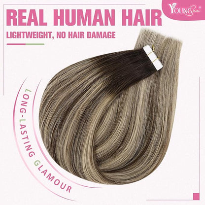 YoungSee Tape in Extensions Human Hair Balayage Tape ins Human Hair Extensions Balayage Dark Brown with Ash Blonde Tape in Hair Silky Straight 20 Inch 20pcs 50g Long-Lasting