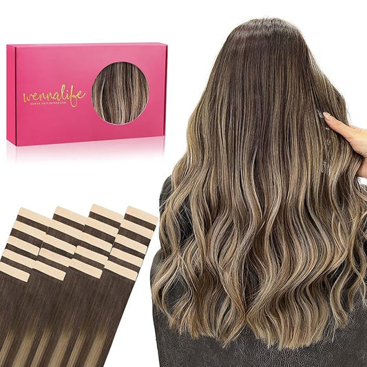 WENNALIFE Tape in Hair Extensions Human Hair, 20pcs 18 inch 50g Balayage Chocolate Brown to Honey Blonde Remy Tape Hair Extensions Real Human Hair Tape Extensions Coloured Hair Extensions