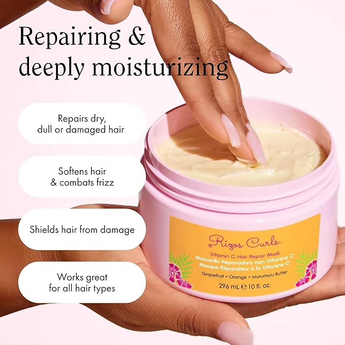 Rizos Curls Vitamin C Hair Repair Mask, Deeply Moisturizes & Hydrates, Softens & Minimize Frizz while Adding Shine, For Dry Damaged Hair, Infused with Shea Butter, 10 oz