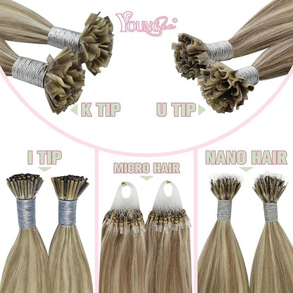 YoungSee K Tip Hair Extensions Human Hair Light Brown Highlight Ktip Human Hair Extensions Light Brown Highlights Blonde Ktip Natural Hair Extensions K Tip Human Hair Extensions for Women 18in 50s/50g