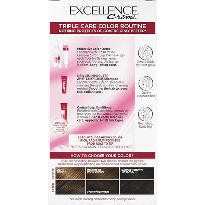 L'Oreal Paris Excellence Creme Permanent Hair Color, 4 Dark Brown, 100 percent Gray Coverage Hair Dye, Pack of 1