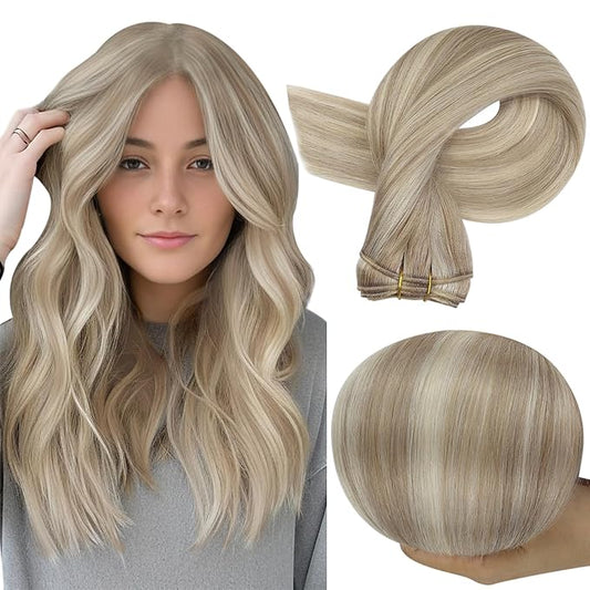 Full Shine Sew In Hair Extensions Real Human Hair Ash Blonde Hair Extensions Weft Extensions Straight Hair Sew In Weft Hair Extensions Color Ash Blonde Mix Golden Blonde 14 Inch 100G