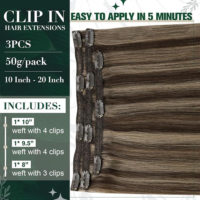 RUNATURE Clip in Hair Extensions Real Human Hair, Brown Clip in Extensions with Highlights, Remy Naural Hair for Women Silky Straight 10 Inch 50g 3pcs #2P8A Dark Brown Mix Light Brown