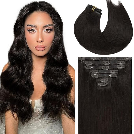 Caliee Seamless Clip in Hair Extensions Human Hair Natural Remy Hair Soft Silky Straight Color 2 Dark Brown Hair Extensions 7 Pcs 16 Inch 110 G Clip on Real Hair Gift for Women
