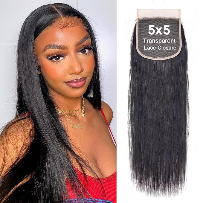 5x5 Transparent HD Lace Silky Straight Hair Closure Invisible Lace 12A Brazilian Virgin Remy Human Hair Frontal Closure Pre Plucked with Baby Hair Natural Black 10 Inch
