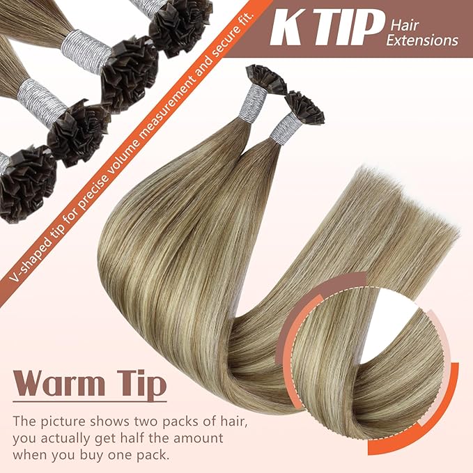 Sunny Hair K Tip Hair Extensions Real Human Hair Invisible Ktip Hair Extensions Light Brown Ombre Blonde 14inch 50g Silky Straight