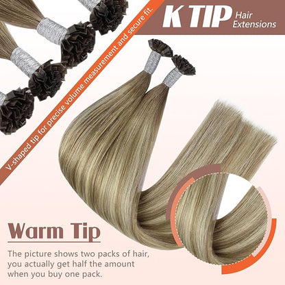 Sunny Hair K Tip Hair Extensions Real Human Hair Invisible Ktip Hair Extensions Light Brown Ombre Blonde 14inch 50g Silky Straight