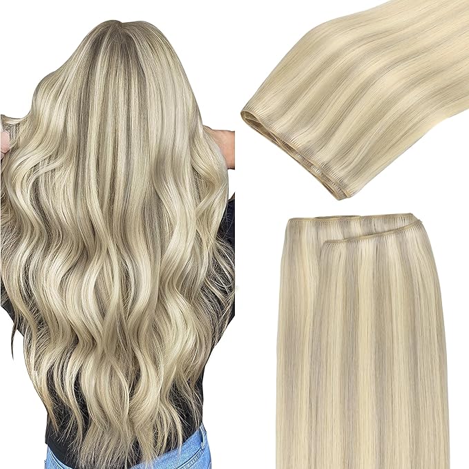 GOO GOO Sew in Hair Extensions Real Human Hair, Weft Hair Extensions Human Hair, 17A/60A Ash Blonde Highlighted Platinum Blonde 16inch 100g, Weft Bundles Straight Silky Remy Hair