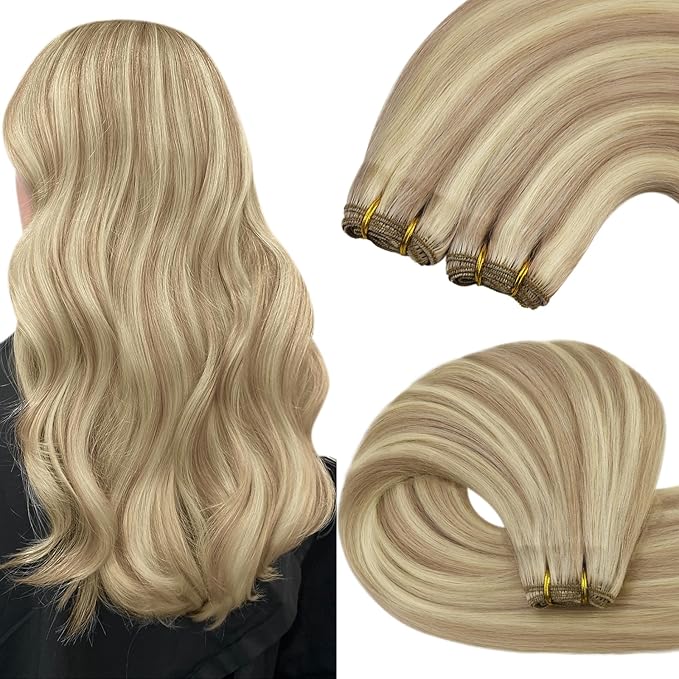 YoungSee Weft Hair Extensions, Highlight Sew in Hair Extensions Real Human Hair, Warm Ash Blonde Highlights Bleach Blonde Highlights Sew in Weft Hair Extensions Human Hair 18Inch 100G