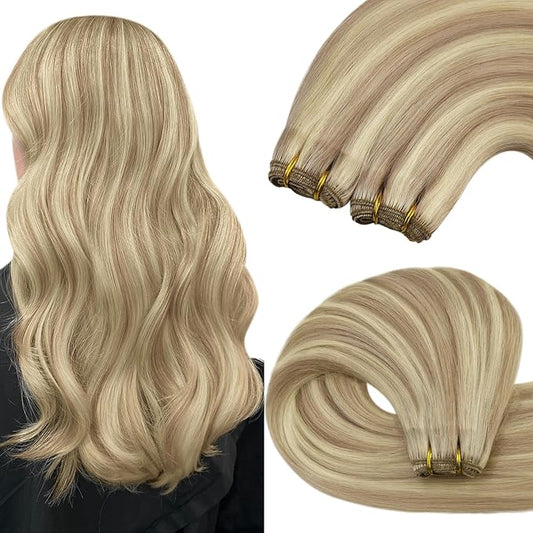 YoungSee Weft Human Hair Extensions, Blonde Highlight Weft Extensions Human Hair, Warm Ash Blonde Highlights Bleach Blonde Sew in Real Hair Extensions for Women 20Inch 100G