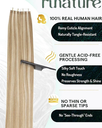 RUNATURE Tape in Hair Extensions Human Hair Blonde 18 Inch Tape in Extensions Human Hair,Ash Brown Highlight Platinum Blonde Straight Silky Double Sided, No Shedding 50g 20pcs