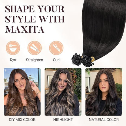 MAXITA U Tip Hair Extensions Human Hair, Natural Black Hair Extensions Real Human Hair, 50g/50 Strands/Pack, 22 In Virgin Human Hair