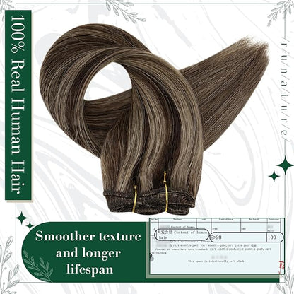 RUNATURE Clip in Hair Extensions Real Human Hair, Brown Clip in Extensions with Highlights, Remy Naural Hair for Women Silky Straight 10 Inch 50g 3pcs #2P8A Dark Brown Mix Light Brown