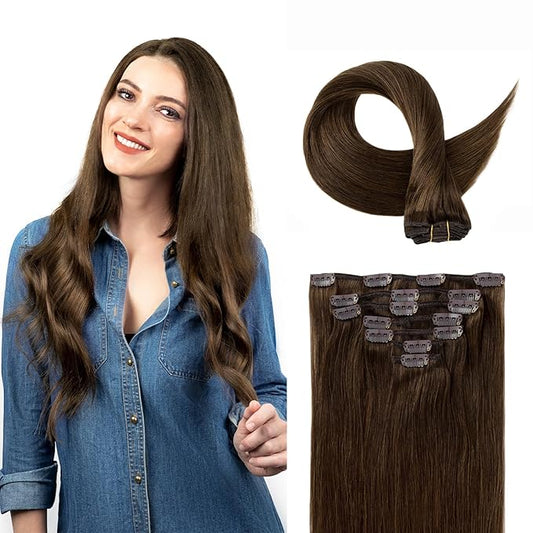Clip in Hair Extensions Real Human Hair, 100% Remy Chocolate Brown Hair Extensions for Long Hair, Tangle-free&Shedding-free, #4 18Inch 120G 7PCS