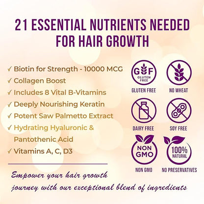 Vitamo Hair Growth Vitamins for Women | Hyaluronic Acid & 50,000 mcg B-Complex (B1, B2, B3, B6, B7) | Biotin and Collagen | Keratin – Advanced Supplement for Hair, Skin & Nails | 90 Capsules