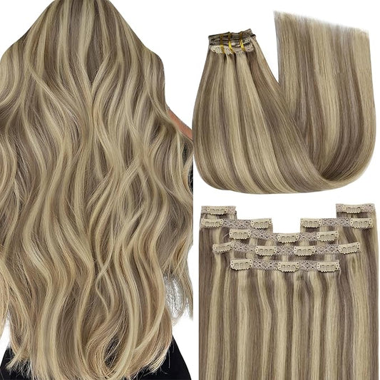 YoungSee Clip in Human Hair Extensions Highlight Remy Human Hair Extensions Clip ins Blonde Highlights with Light Brown Clip in Extensions Real Human Hair Simple Maintenance 22Inch 7Pcs 120G
