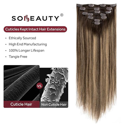 Clip in Hair Extensions Real Human Hair, Invisible Clip In Hair Extensions 100% Human Hair, Balayage Chocolate Brown to Caramel Blonde #4TP27/4 16Inch 120G 7PCS