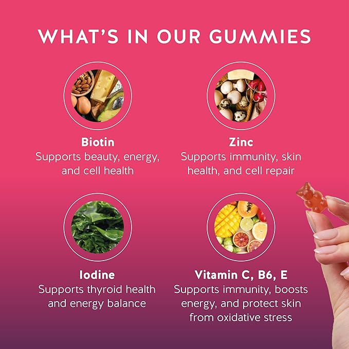 Biotin Gummies for Hair, Skin & Nails. 5,000 mcg High Potency Vegan Vitamins for Faster Hair Growth, Stronger Nails & Healthy Skin. with Vitamins C & E, 90 Gummies