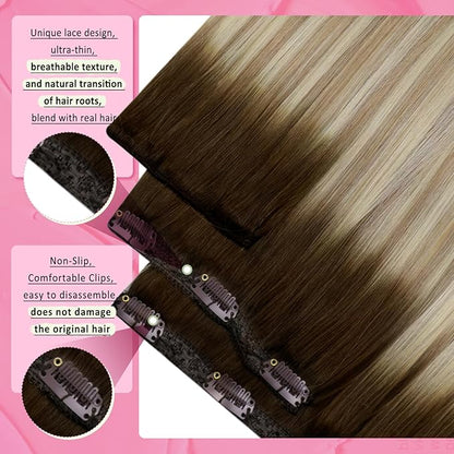 YoungSee Clip in Hair Extensions Human Hair Ombre Silky Hair Extensions Clip ins Dark Brown Ombre Golden Blonde Mix Platinum Blonde Balayage Clip in Real Hair Extension Easily Styleable 7Pcs 24In 120G
